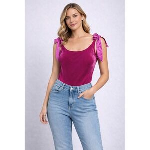 Lyn‎ Burches Bodysuit Women Large Magenta Velvet Tie-Shoulder Tank Berry New